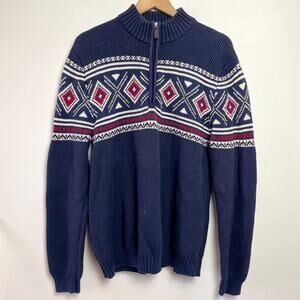 IZOD Fair Isle Quarter Zip Sweater Large Nordic Scandinavian Retro Cabin Winter
